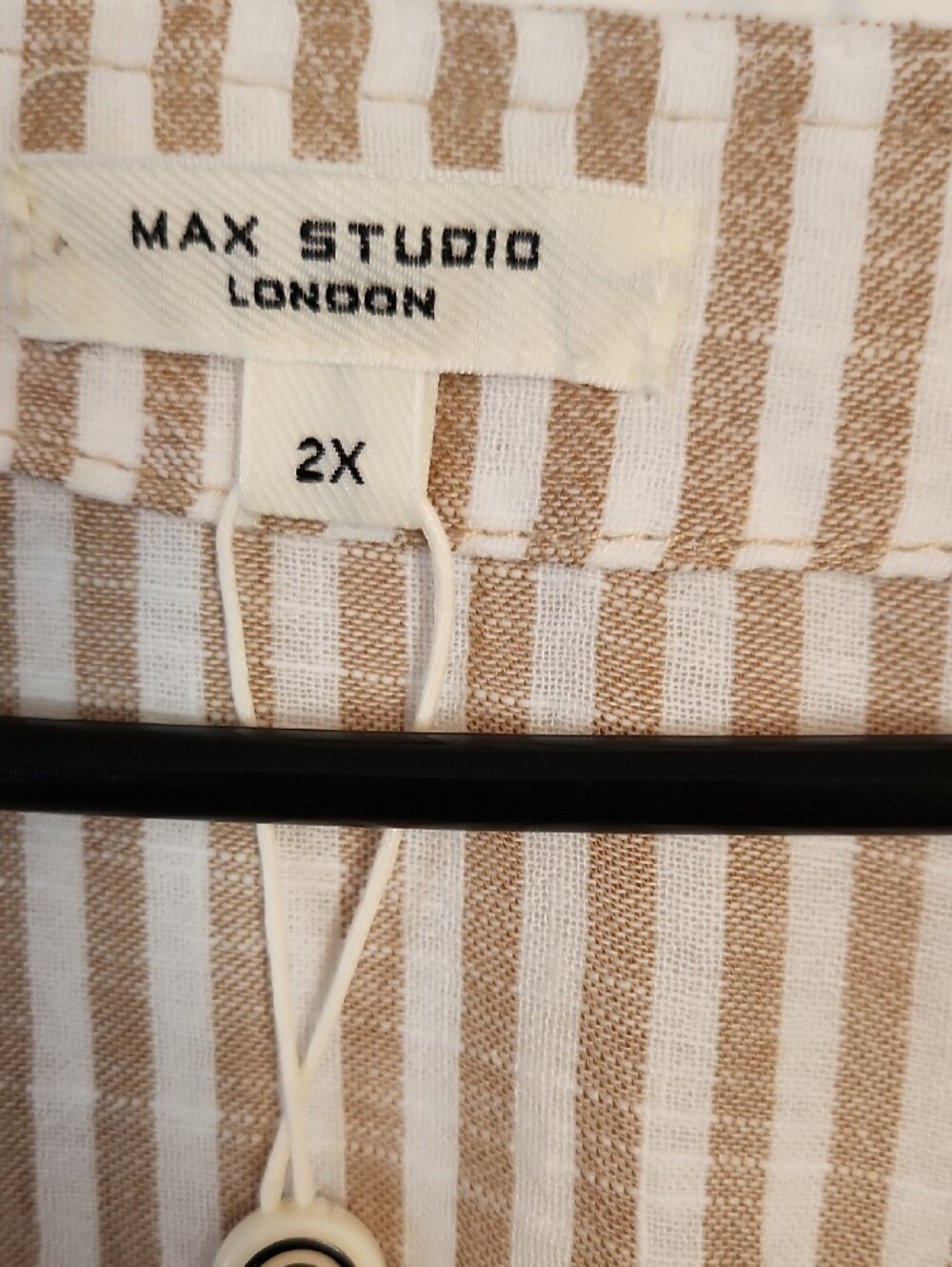 Max Studio Striped V-Neck Button-Front Dress in Beige and White - Picture 2 of 6